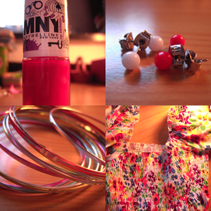 MNY Nagellack, H&M Ohringe, New Yorker Armreifen, H&M Kleid