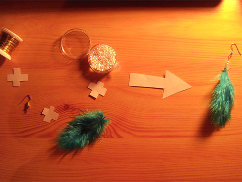 wire + earring blank + feather + pearls -> earring