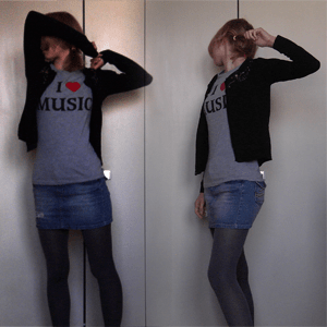 Tag 56 Tag 56 (31.08.2010): Strickjacke unbekannt, T-shirt Mister*Lady, Rock Avanti, Strumpfhose Pimkie
