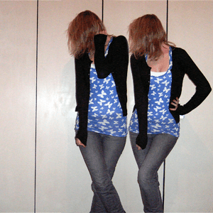 tag 231: Top, Jeans, Strickjacke und Schmetterlingsohrstecker H&M; Tank-Top Primark