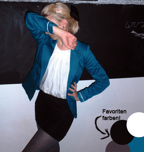 Bluse Vero Moda, Blazer und Strumpfhose Pimkie, Rock und Ohrstecker H&M, Haarschleife Monki