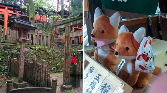 Friedhof des Fushimi Inari-Taisha und das Fuchs-Maskottchen des Tempels.