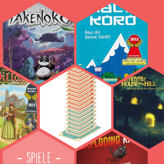 Spiele für den Sommer: Takenoko, Machi Koror, Village, Secret Hitler, Betrayal at house on the Hill und Exploding Kittens.