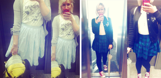 Hurricane T-Shirt, Gudetamarucksack, Faltenrock und Collage-Jacke.