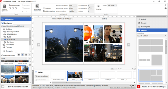 Wenn man erst einmal gefunden hat, wo man in der Software Layouts einstellen kann, kann man recht schnell und einfach ein eigenes Fotobuch gestallten.