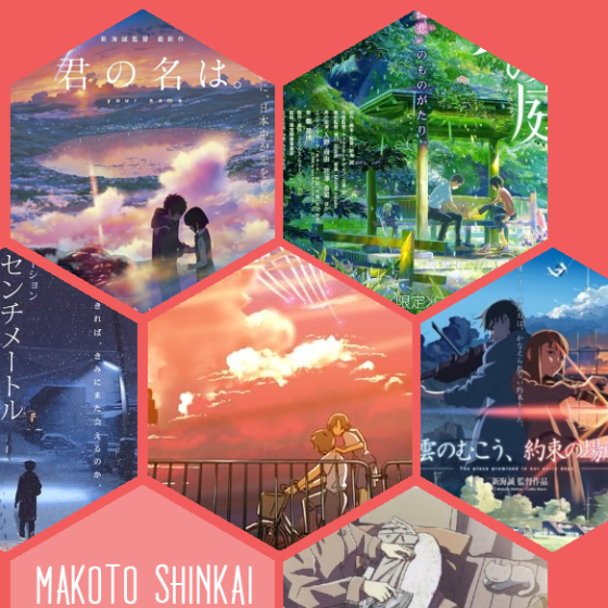 Einige von Makoto Shinkais beeindruckendsten Werken: Your name, Garden of Words, 5 Centimeters per Second, Voices of a distant Star, The Place promised in our early days, She and her cat.