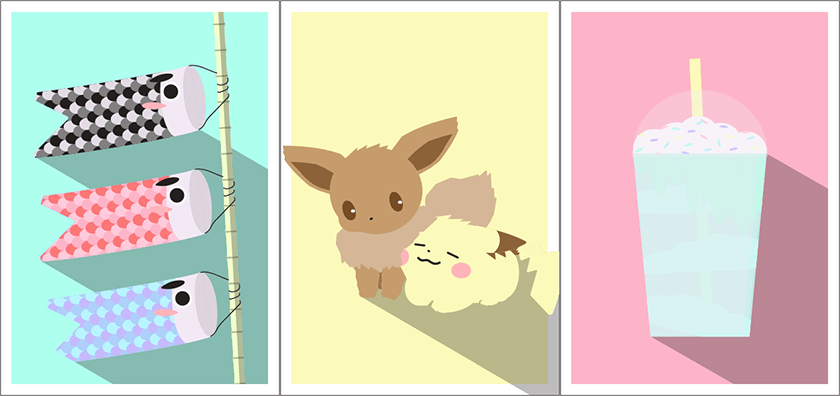 Vorschau von drei Postkarten. Links werden drei Koi-Flaggen untereinander angezeigt. In der Mitte sitzen die Pokémon Evoli und Pikachu nebeneinander. Rechts wird ein Frappuccino in einem Plastikbecher angezeigt.